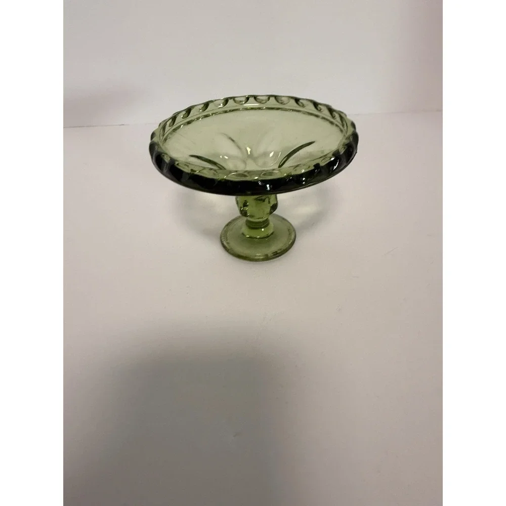 Vintage Hazel Atlas Green Glass Thumbprint Pedestal Candy Dish Bowl